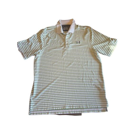UNDER ARMOUR Heatgear Loose Golf Shirt Size L White Green Blue Stripes polo - Picture 1 of 7